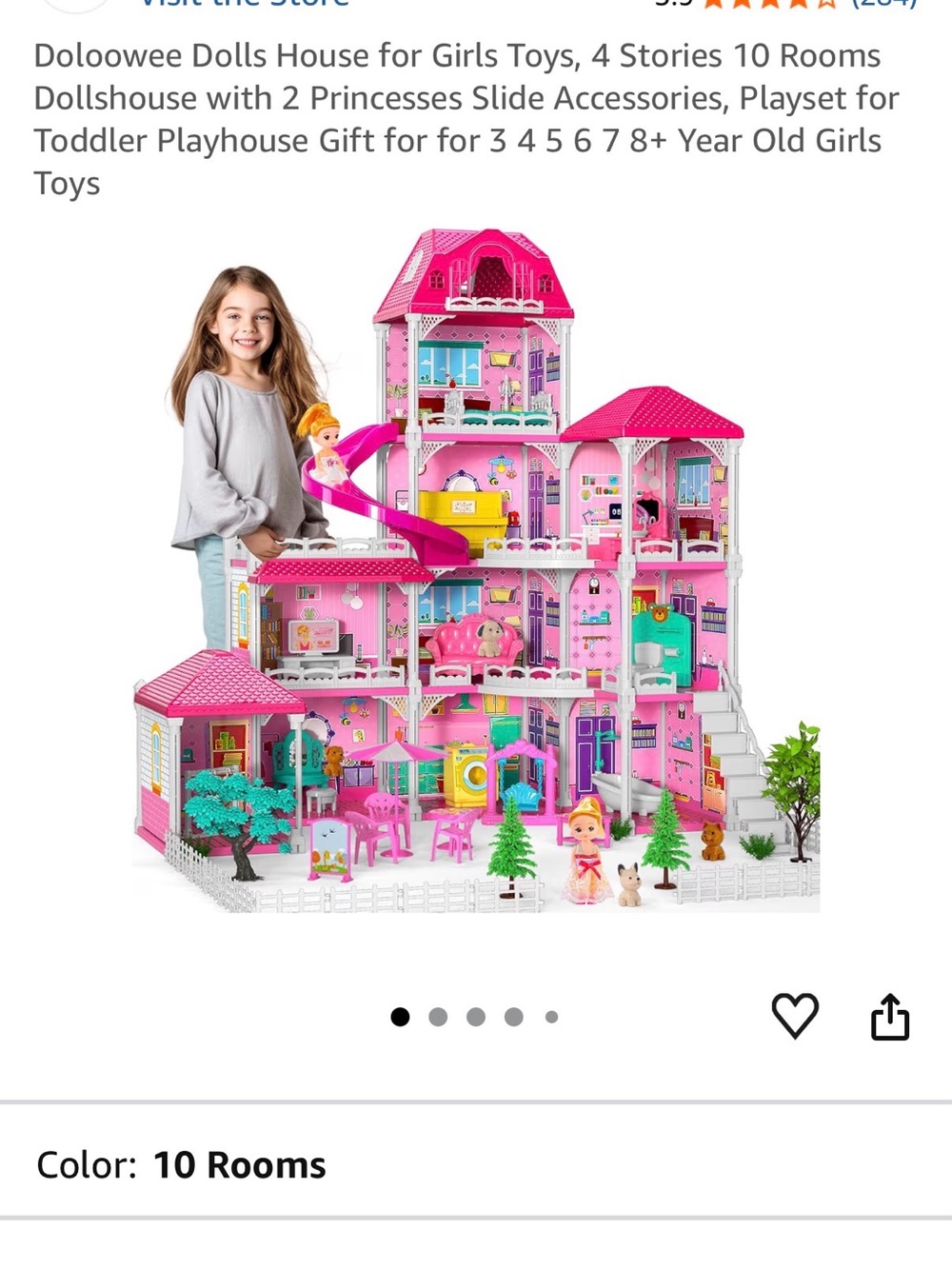 NWT - Pink 4-Story 10-Room Dollhouse Playset -